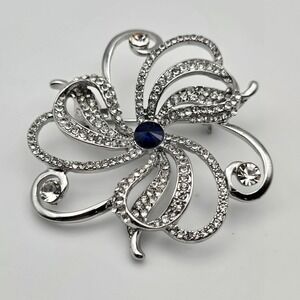 Vtg Anne Klein Silver Tone Flower Brooch Pin Navy Blue Elegant Sparkle Glam
